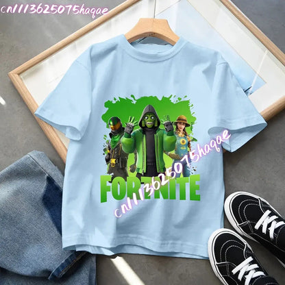 Fortnites Kids Blue Cotton T Shirt Fortress Night Baby Short Sleeve Tees Shirt Cartoon Boy Girl Summer Clothes Kawaii Tops Gift