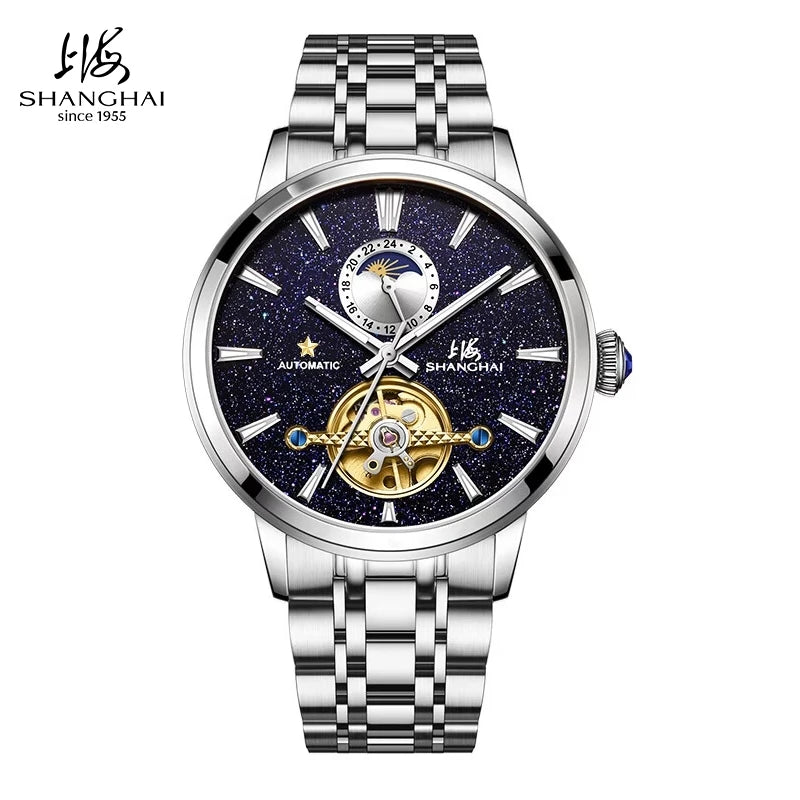 Ceasuri pentru bărbați Shanghai Watch Flywheel cu calendar, cadran Starlight, ceas de mână mecanic automat, oțel inoxidabil 316L, model S8609