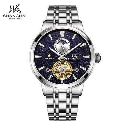 Ceasuri pentru bărbați Shanghai Watch Flywheel cu calendar, cadran Starlight, ceas de mână mecanic automat, oțel inoxidabil 316L, model S8609