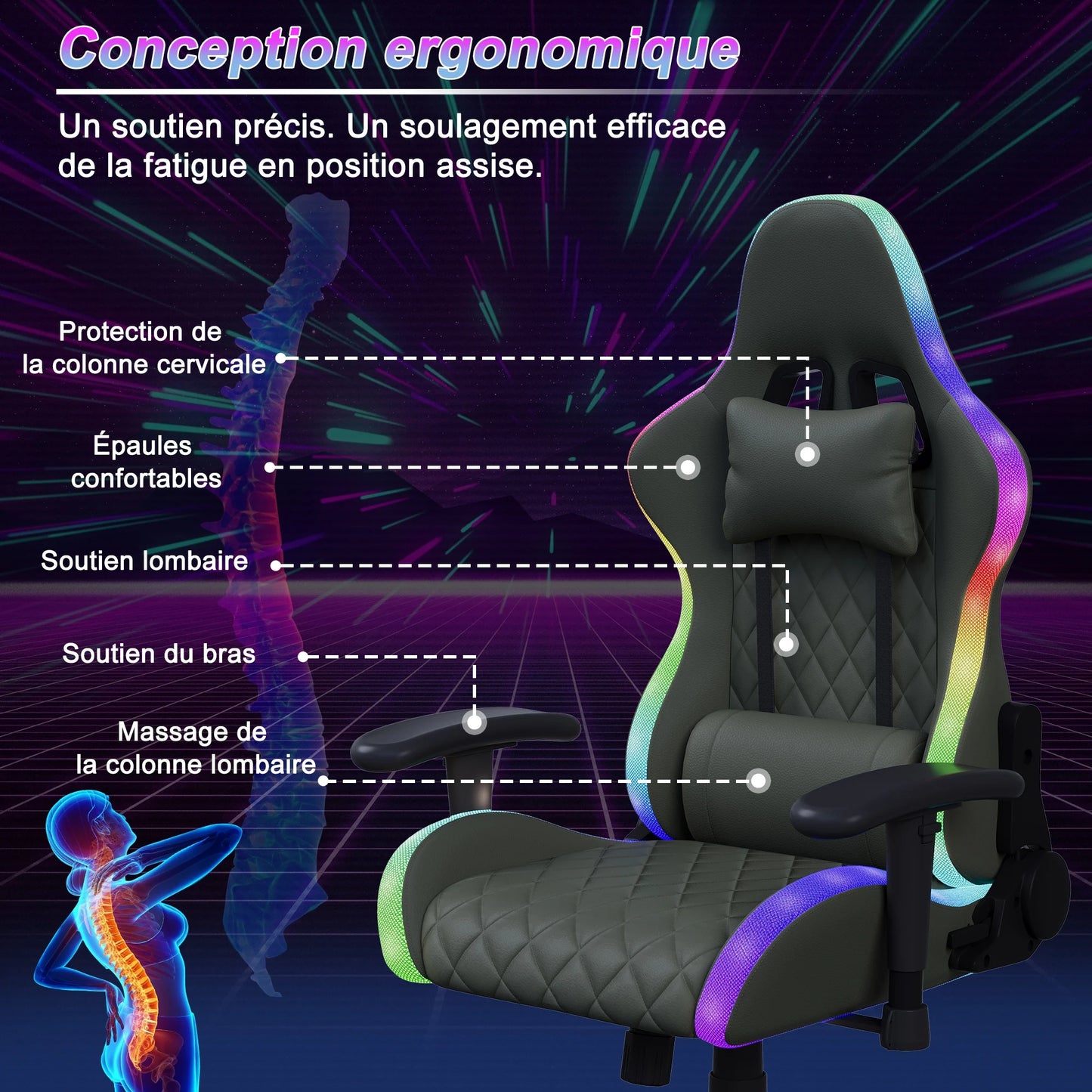 Ergonomic Office Chair with Lumbar Massage, RGB LED Lighting, Reclining Backrest, Adjustable Armrests, Gaming Desk Chair for Home Office