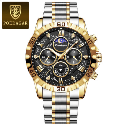 Reloj para hombre POEDAGAR: cronógrafo de lujo, resistente al agua y luminiscente, de acero inoxidable, de estilo deportivo y militar, con movimiento de cuarzo