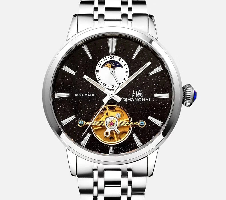 Ceasuri pentru bărbați Shanghai Watch Flywheel cu calendar, cadran Starlight, ceas de mână mecanic automat, oțel inoxidabil 316L, model S8609