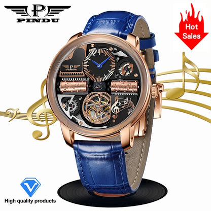 Relógio Automático de Luxo para Homem PINDU Design Music Series 2025 Novo, Movimento Mecânico, Aço Inoxidável, Vidro de Safira, Esqueleto
