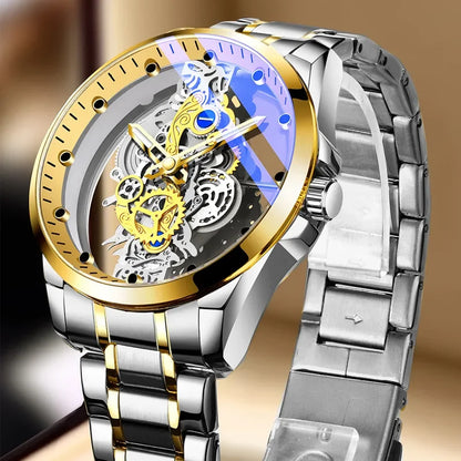 Madingi vyriški laikrodžiai, modelis su dvigubu atidarymu, prabangus auksinis stilius, mechaninio turbiliono imitacija, kvarcinis mechanizmas.