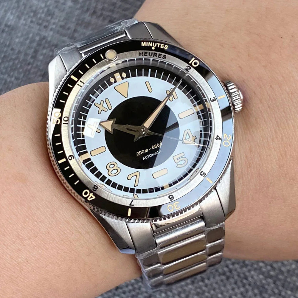 Tandorio NH35A PT5000 Mechanical Mens Watch 20BAR Waterproof Sapphire Luminous Red Black Dial Stainless Steel Bracelet New Clock