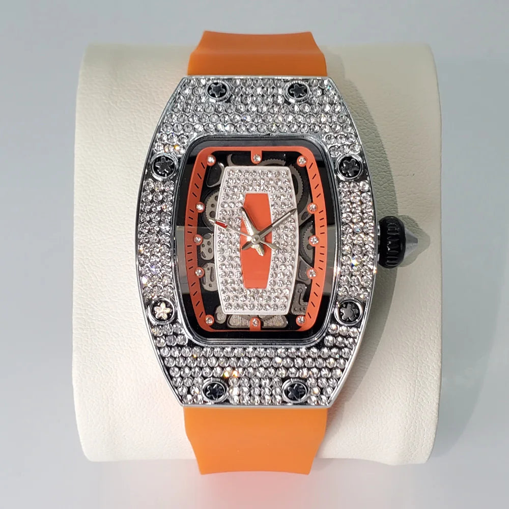 Luxury Diamond Watch For Women Elegant Tonneau Original Design Watches Fashion Ice Out Sport Rubber Strap Waterproof Mille Clock