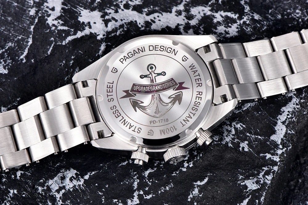 Vyriškas laikrodis „PAGANI DESIGN“ „Panda“ – prabangus kvarcinis chronografas, atsparus vandeniui, safyro stiklas su antirefleksine danga, šviečiantis sportinis laikrodis