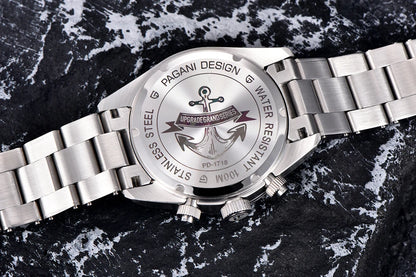Vyriškas laikrodis „PAGANI DESIGN“ „Panda“ – prabangus kvarcinis chronografas, atsparus vandeniui, safyro stiklas su antirefleksine danga, šviečiantis sportinis laikrodis