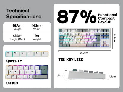 Teclado mecánico EPOMAKER TH87 con distribución ISO-UK TKL, con cable/BT/inalámbrico 2.4Ghz, NKRO, batería de 10000mAh y luz RGB