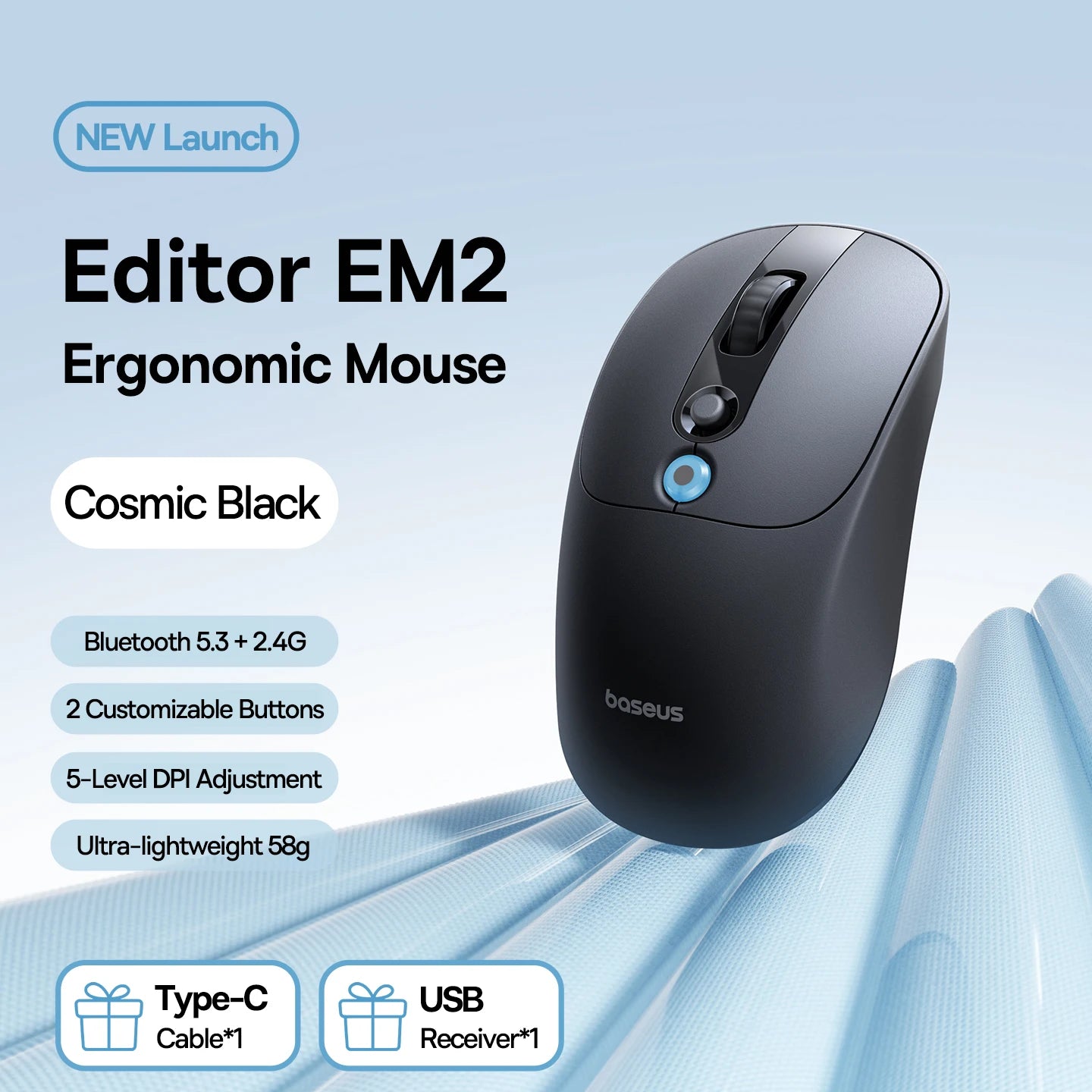 【NAUJIENA】Baseus EM2 ergonominė belaidė pelė, Bluetooth 5.3, 2.4G, Type-C įkrovimas, itin lengva tyli pelė su pritaikomu mygtuku
