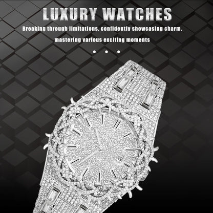 Luxury Full Diamond Men's Quartz Watch Thorn Bracelet Hip Hop Style Date Display with Luminous Function Men business Wristwatch