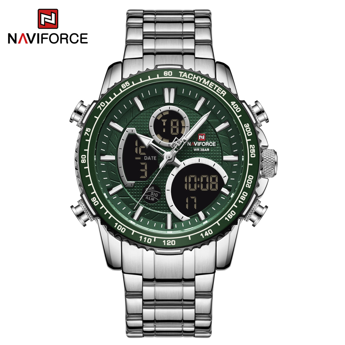 Мъжки спортен часовник NAVIFORCE – Оригинален луксозен ръчен часовник от неръждаема стомана, водоустойчив модел във военен стил с двойно показване