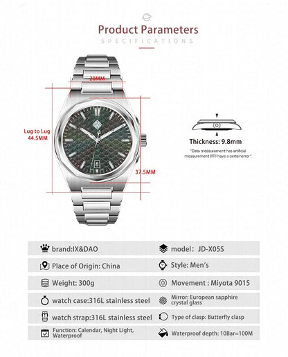 IX&DAO 2025 Neu 37mm Warrior Herren-Automatikuhr mit Miyota 9015 Uhrwerk, Saphirglas, Edelstahl, wasserdicht bis 10Bar, BGW