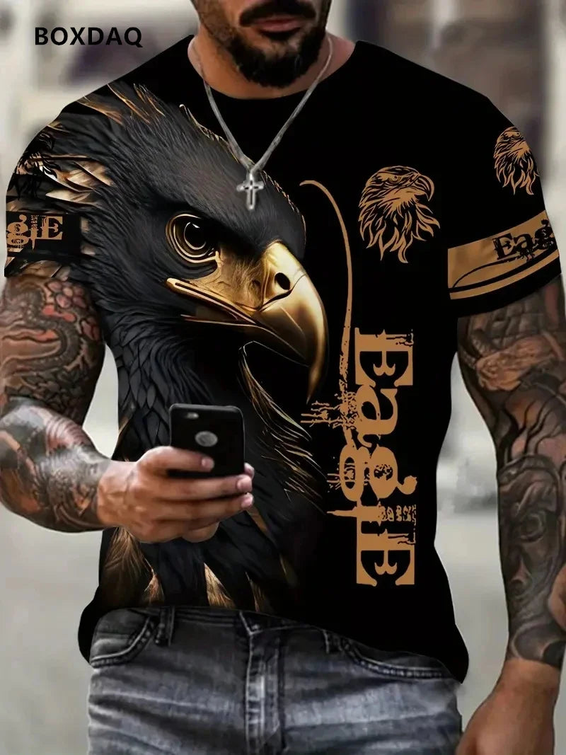 Tricou bărbătesc Fashion Eagle, lejer, cu guler O, top casual cu mânecă scurtă, imprimeu 3D cu animal, tricou streetwear, mărime mare 6XL, respirabil