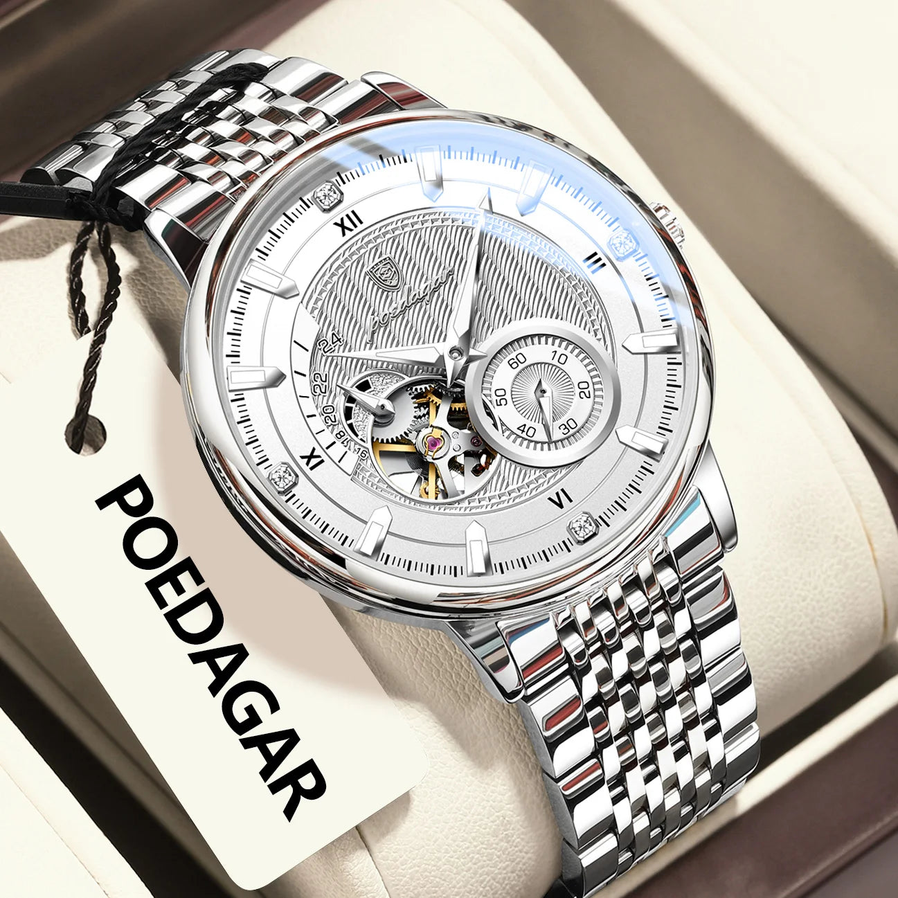 POEDAGAR Top Luxury Man Wristwatch Luminous Hollow Tourbillon Stainless Steel Men Clock Mechanical Automatic Men's Watches Reloj