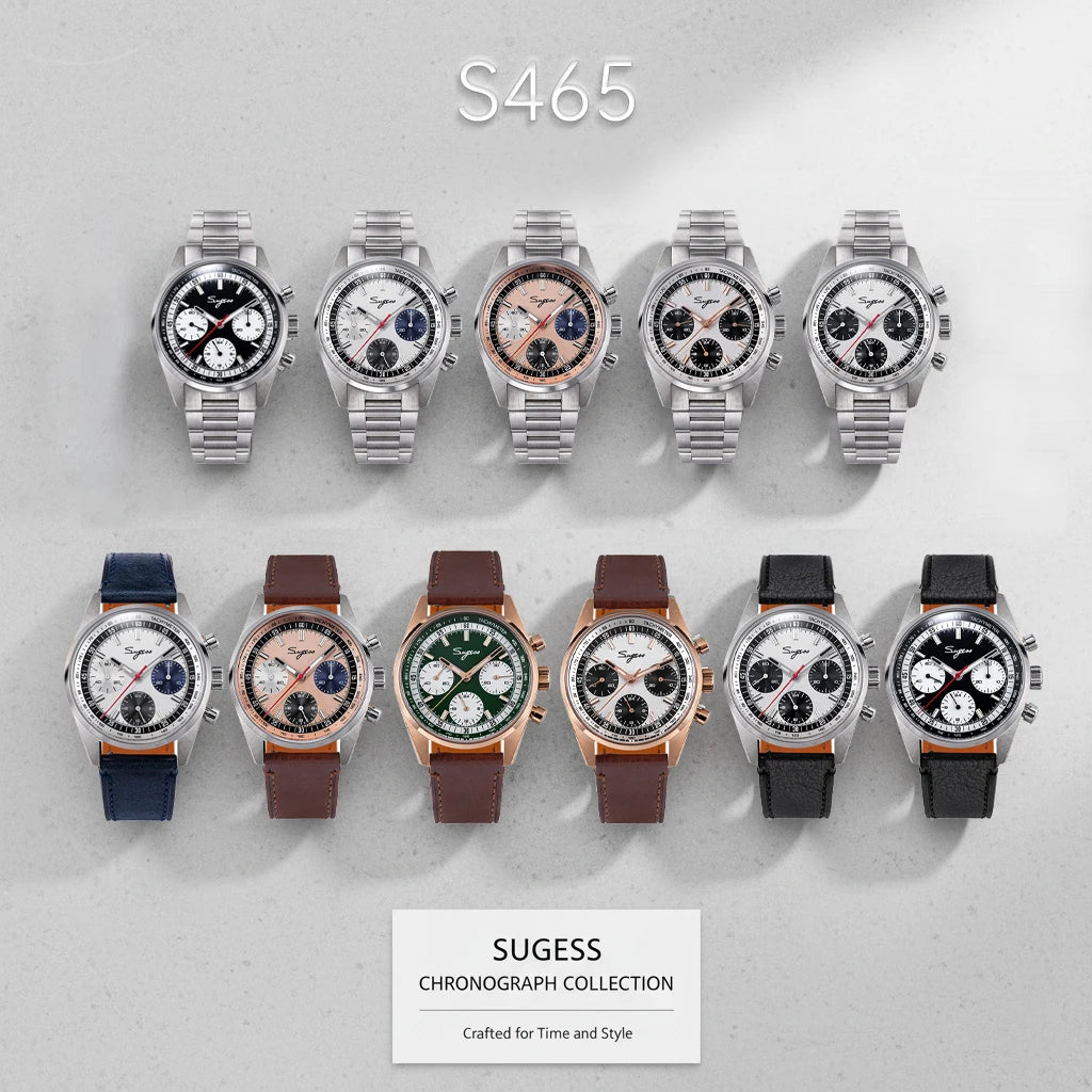 Sugess Mens Watch 38mm Chronograph Mechanical Wristwatches Tianjin Gooseneck Movement Sapphire Crystal Roulette Dial S465 new
