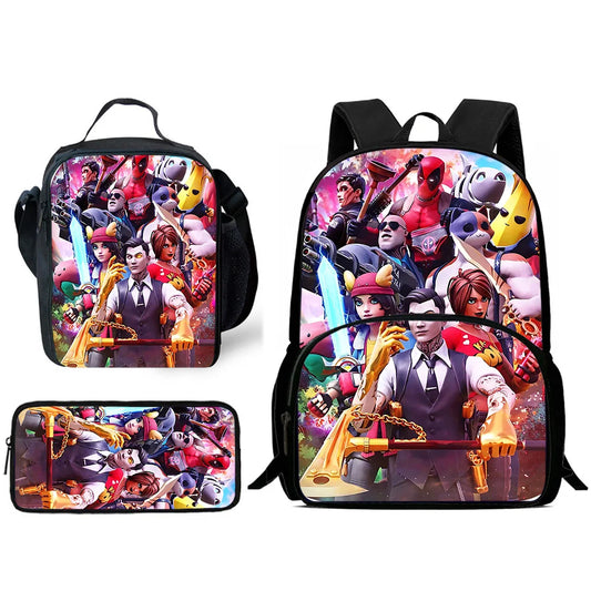 Zaino da scuola per bambini Hot Game con borsa pranzo e astuccio, grande capacità, design F-FortniteS, per ragazzi e ragazze, regalo ideale