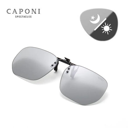 CAPONI New Sunglasses Clip For Men Square Polarized Photochromic Glasses Clip Flipped Up Protect Eyes Light Clip On Frame BS1103