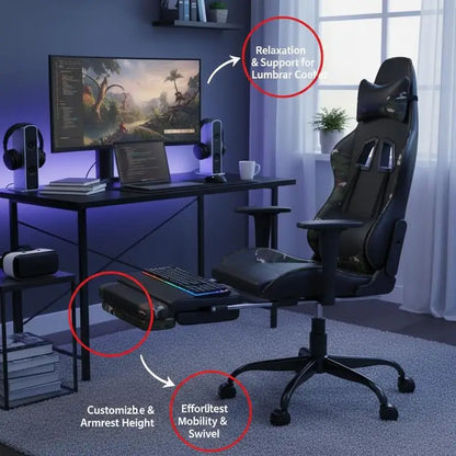 Gaming Chair with Footrest Reclining Ergonomic Racing Chair, 360° Swivel Gaming Chair with Adjustable Height, PU Leather Computer Gaming Chair for Office & Home