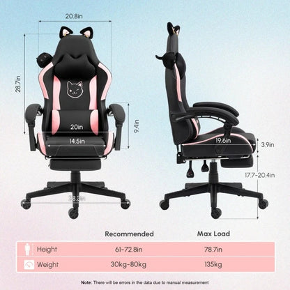 Silla gaming cute con orejas de gato, reposapiés rosa kawaii, silla de ordenador ergonómica de respaldo alto para gamers con soporte lumbar de pata de gato