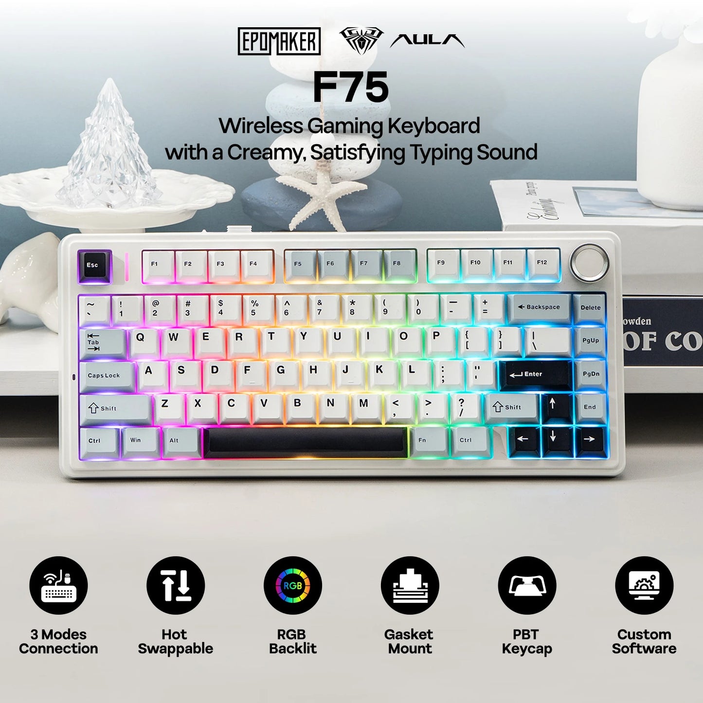 EPOMAKER x AULA F75 75% ANSI Gasket Hot-Swap Bluetooth 5.0/2.4G Wireless/Wired Mechanical Keyboard PBT Keycaps for Win/Mac