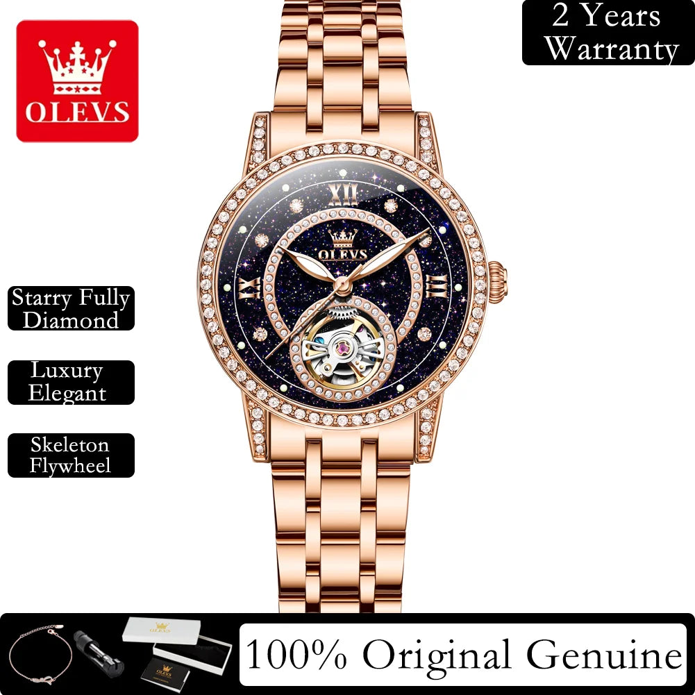 OLEVS Women’s Luxury Automatic Skeleton Watch  Starry Sky Stainless Steel Mechanical Wristwatch