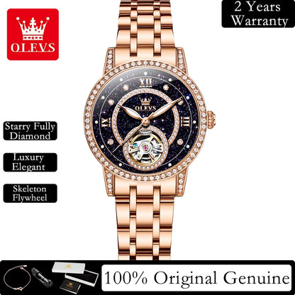 OLEVS Women’s Luxury Automatic Skeleton Watch  Starry Sky Stainless Steel Mechanical Wristwatch