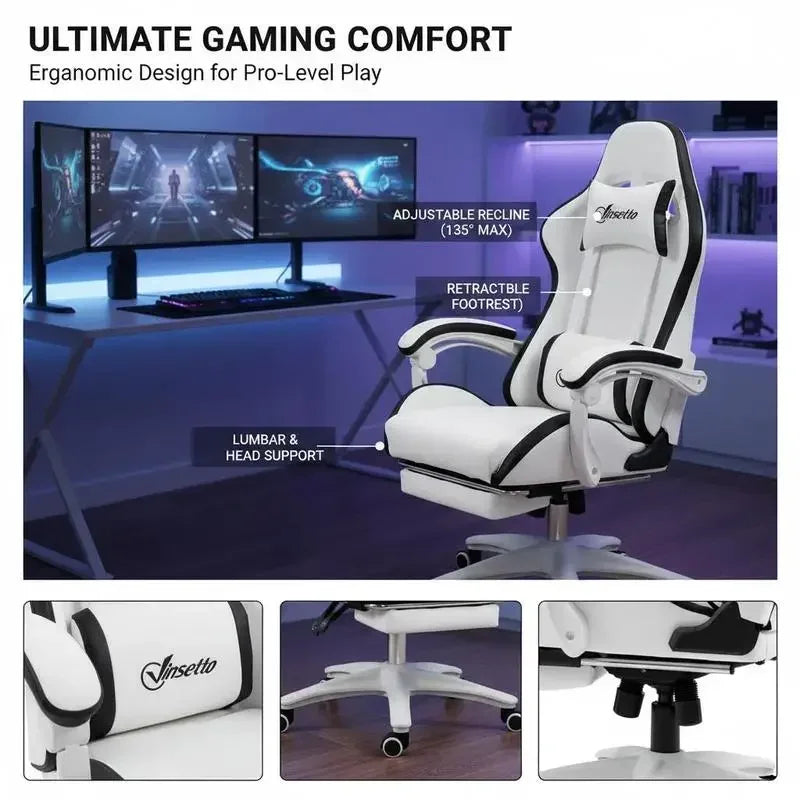 Ergonomic Leather Gaming Chair with 135° Reclining, 360° Swivel, Footrest, Adjustable Height, Comfortable Office & PC Gaming Chair