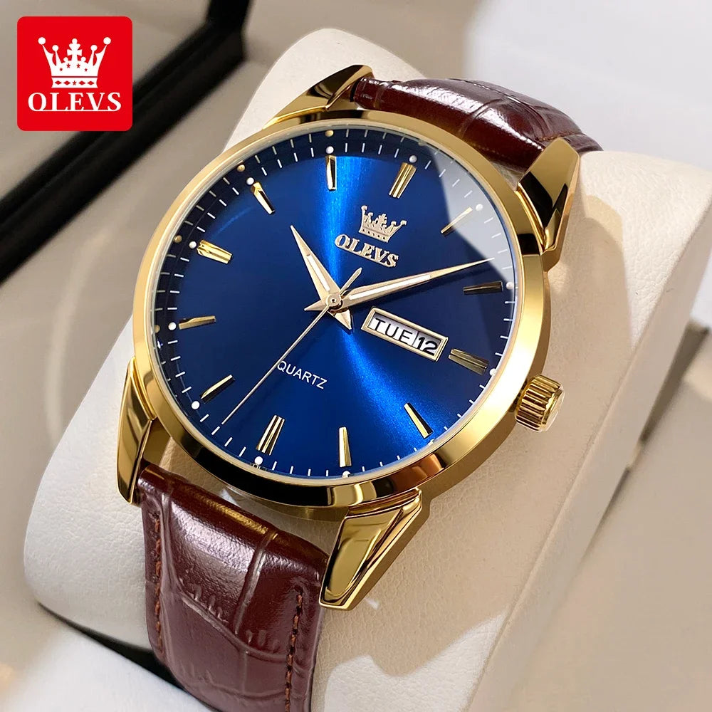 OLEVS-kwartshorloge voor heren – Luxe en elegante stijl, leren band, datum- en dagweergave, waterdicht, ideaal voor op het werk