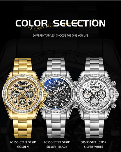 Diamond Bezel Stainless Steel Automatic Watch Fashion Mulitfunction Waterproof Luminous Mechanical Watches for Men