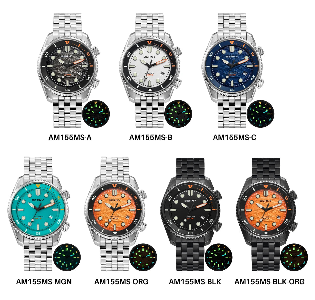 BERNY Automatic Diver Watch for Men Top Luxury Sapphire 316L Steel Blue Dial 200M Waterproof Mechanical Diving Men's Watches
