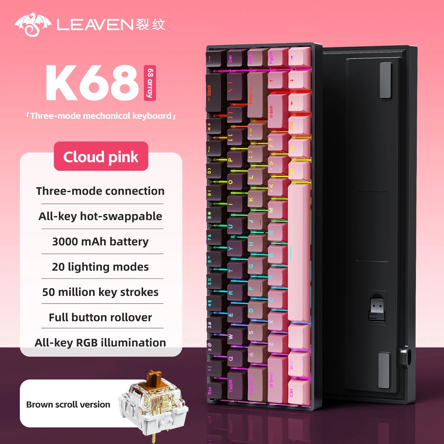 K68 68Key Wireless Mechanical Keyboard Tri-mode Connection, Full Key Hot Swap, RGB lighting Effects, L