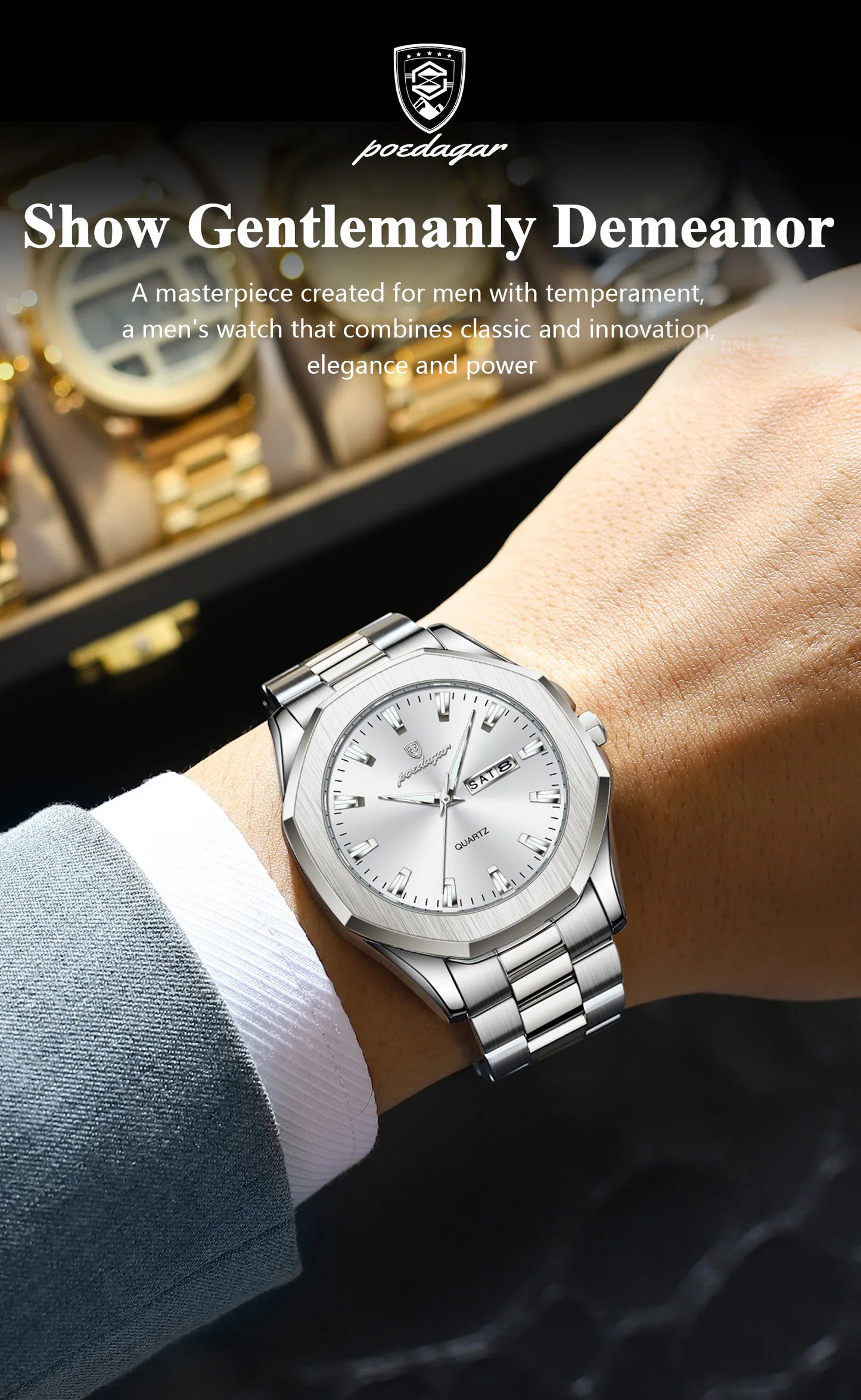 POEDAGAR Luxury Men Wristwatch Waterproof Luminous Week Date Casual Man Clock Stainless Steel Quartz Fashion Men's Watches Reloj