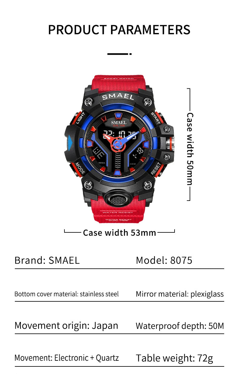 SMAEL 8075 Men's Analog Digital Dual Display Sport Watch - 50M Waterproof LED Backlight Dual Time Alarm Chronograph Stopwatch