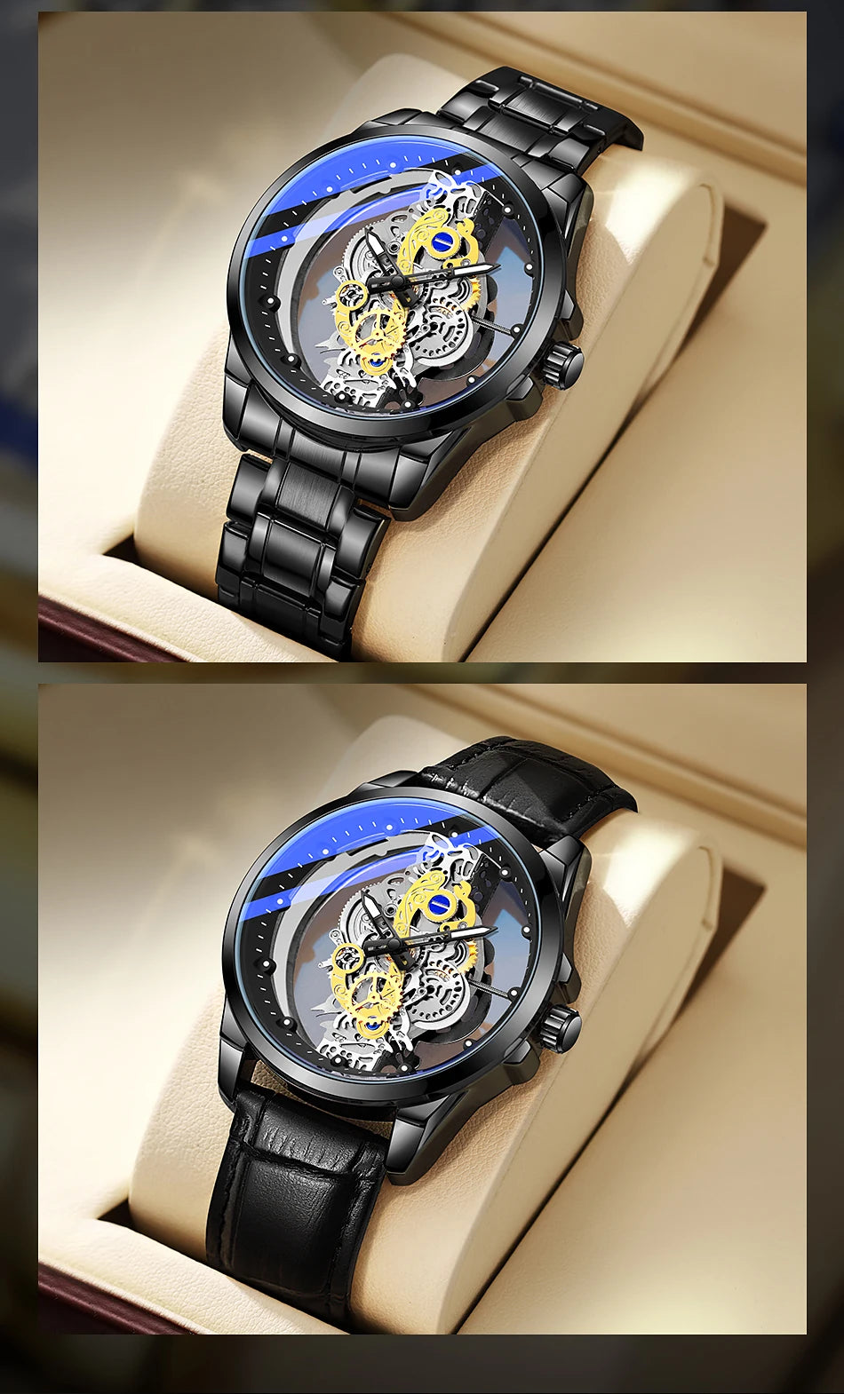TPW armbandsur för män – Trendig stil, ”skelettmodell” (svart, guld eller blå), kvartsverk (icke-automatiskt), lyxigt tillbehör, kollektion – Partihandel