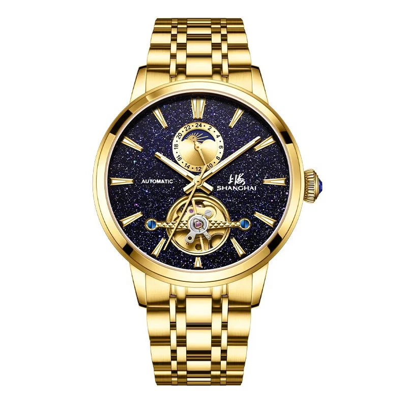 Ceasuri pentru bărbați Shanghai Watch Flywheel cu calendar, cadran Starlight, ceas de mână mecanic automat, oțel inoxidabil 316L, model S8609