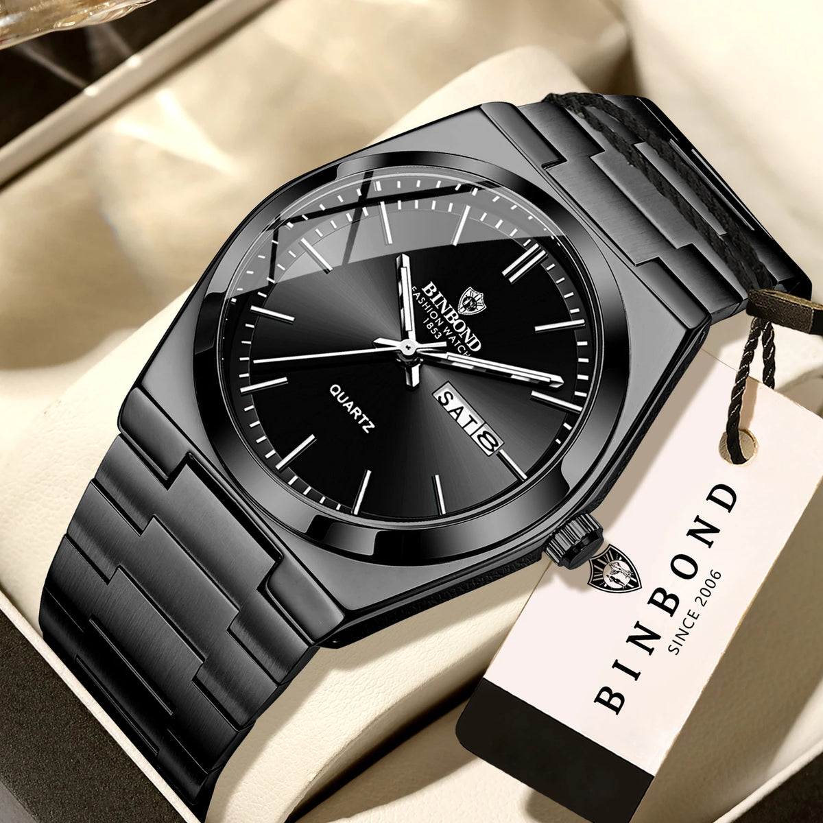 Relógio de pulso de luxo BINBOND com movimento de quartzo, luminoso, estanque, com indicação do dia da semana e data automática, bracelete em aço, estilo empresarial, desportivo, moderno e casual.