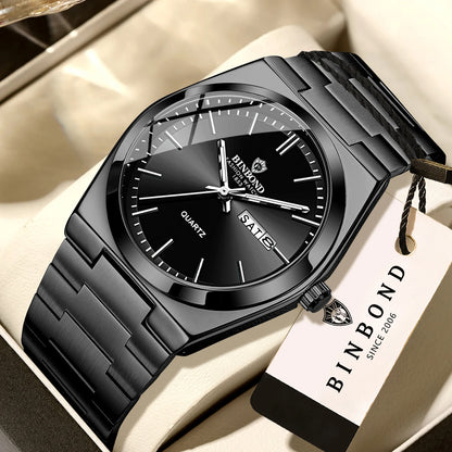 Relógio de pulso de luxo BINBOND com movimento de quartzo, luminoso, estanque, com indicação do dia da semana e data automática, bracelete em aço, estilo empresarial, desportivo, moderno e casual.