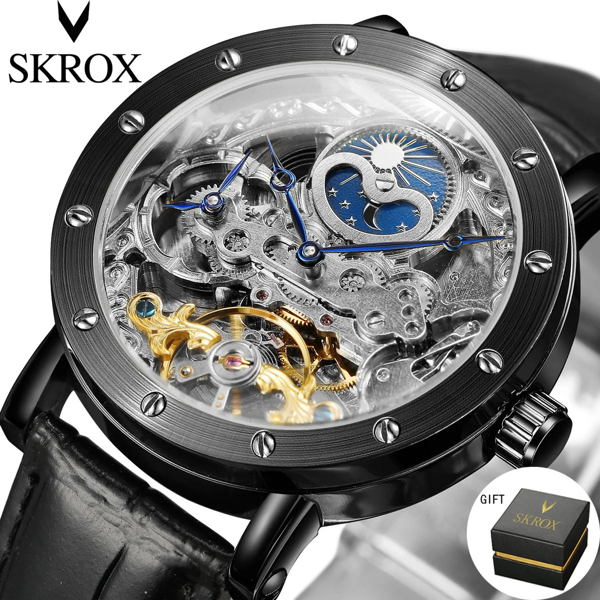 SKROX mekanisk automatisk armbåndsur til mænd, skeletmodel med GMT-funktion, månefase og tourbillon – Elegant og originalt luksusur i topklasse.