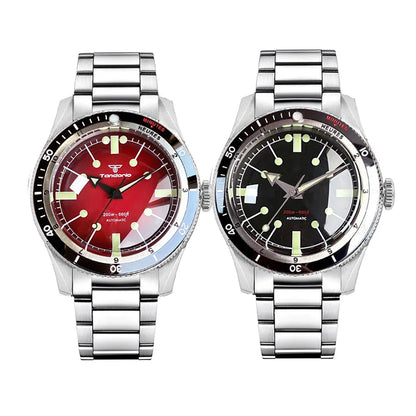 Tandorio NH35A PT5000 Mechanical Mens Watch 20BAR Waterproof Sapphire Luminous Red Black Dial Stainless Steel Bracelet New Clock