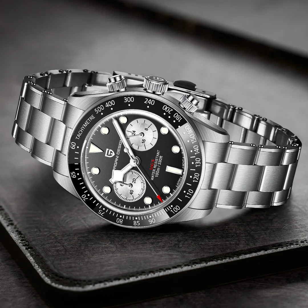 Vyriškas laikrodis „PAGANI DESIGN“ „Panda“ – prabangus kvarcinis chronografas, atsparus vandeniui, safyro stiklas su antirefleksine danga, šviečiantis sportinis laikrodis