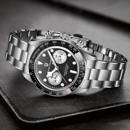 Vyriškas laikrodis „PAGANI DESIGN“ „Panda“ – prabangus kvarcinis chronografas, atsparus vandeniui, safyro stiklas su antirefleksine danga, šviečiantis sportinis laikrodis