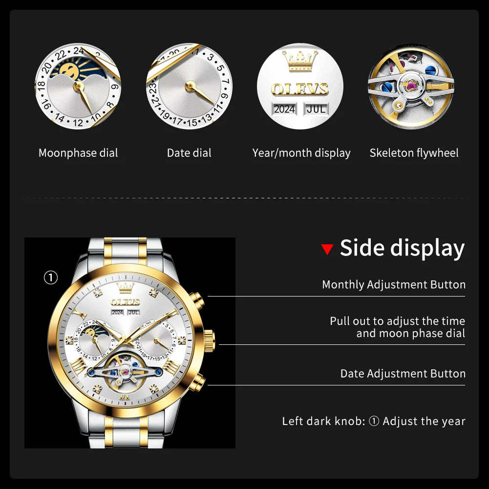 OLEVS Men's Watches - Moon Phase Hollow Flywheel Exclusive Original Automatic Mechanical Watches For Men Luxury Man Watch New 7029