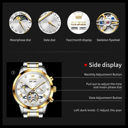 OLEVS Men's Watches - Moon Phase Hollow Flywheel Exclusive Original Automatic Mechanical Watches For Men Luxury Man Watch New 7029