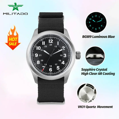 Militado ML08 Vintage Black Watch VH31 Sweep Quartz Wristwatch Ar Sapphire Crystal Luminous C3 BGW9 100 Waterproof Watches Man