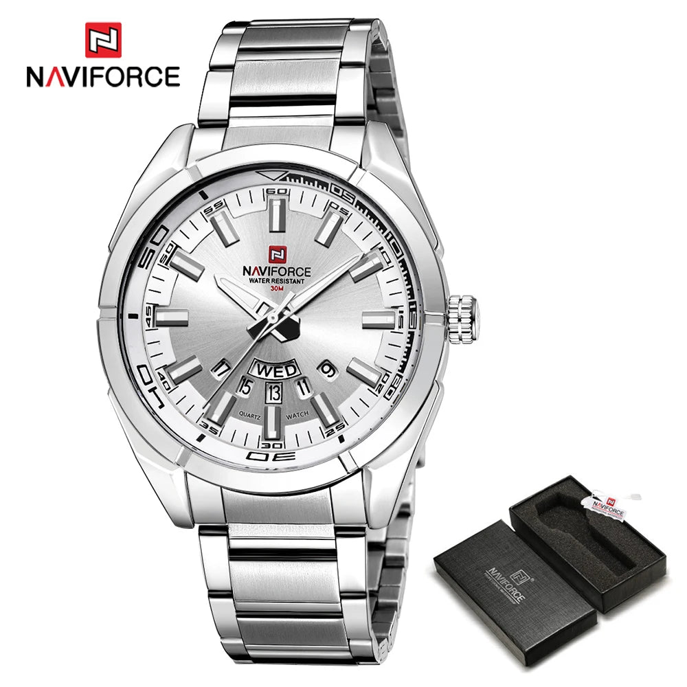 Ανδρικό ρολόι NAVIFORCE, εξ ολοκλήρου από ατσάλι, αδιάβροχο, casual στυλ, μηχανισμός χαλαζία με ένδειξη ημερομηνίας – Πολυτελές ανδρικό ρολόι χειρός, από κορυφαία μάρκα.