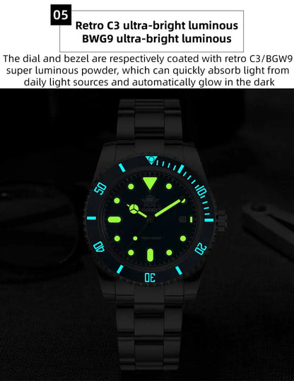 ADDIESDIVE Men’s Luxury Diver Watch Luminous Dial, Ceramic Bezel, Stainless Steel & 20 Bar Water Resistant