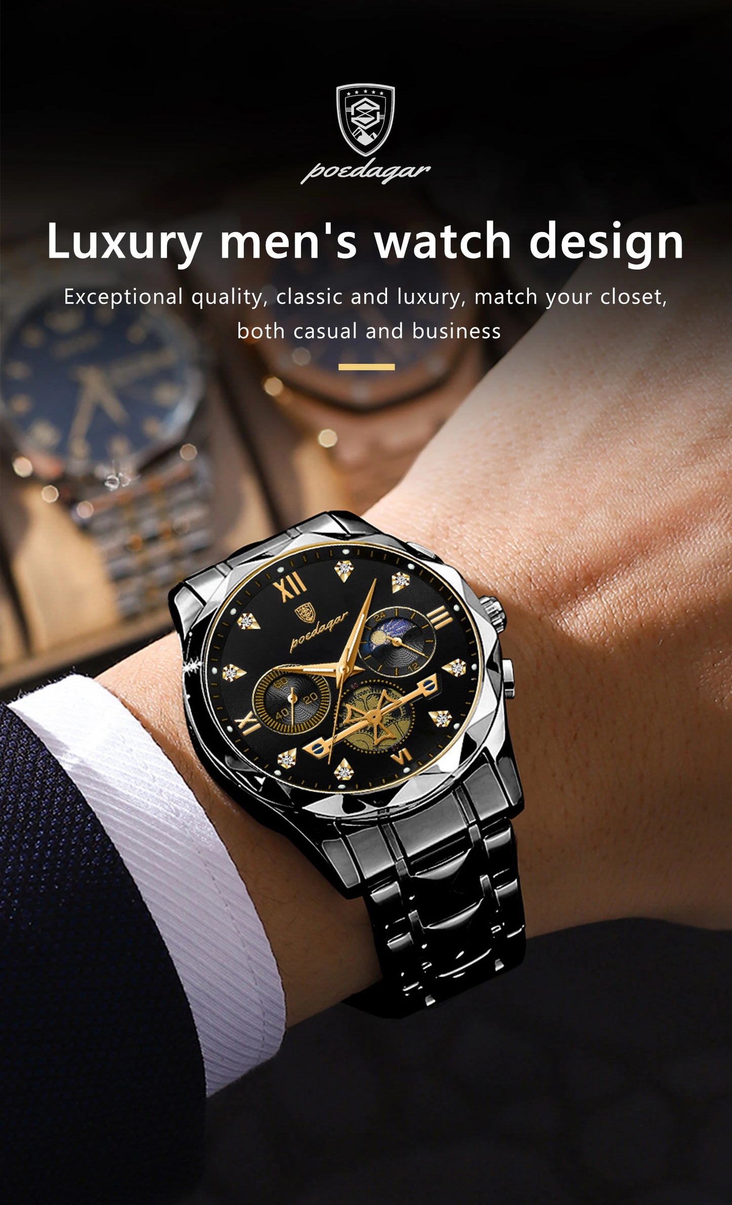 POEDAGAR Top High Quality Man Wristwatch Stainless Steel Chronograph Business Men Watch Waterproof Luminous Quartz Men's Watches