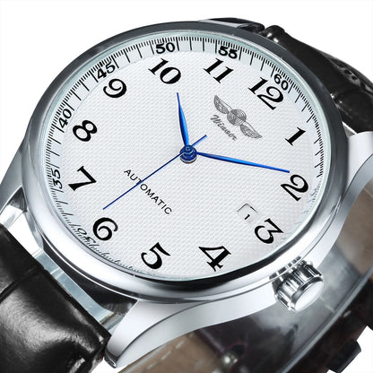 Relógio clássico para homem – Estilo retro com calendário e ponteiros azuis, movimento mecânico automático, marca de prestígio, caixa em aço e bracelete em pele