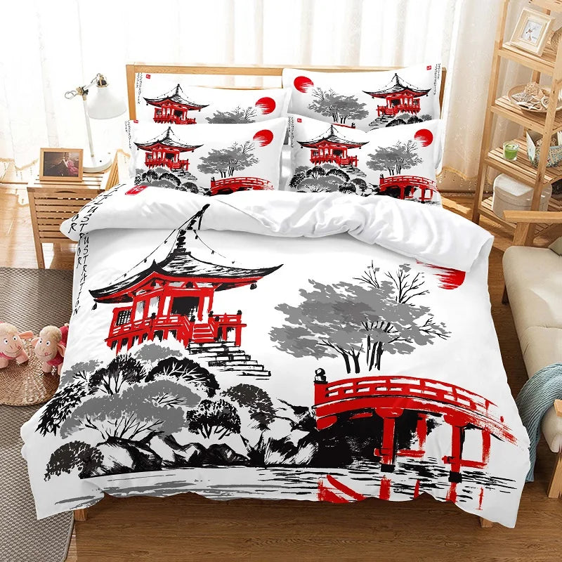 Juego de funda nórdica con pintura de bambú, ropa de cama de estilo chino, conjunto juvenil de lino para cama Queen Size, funda para edredón, ropa de cama de moda